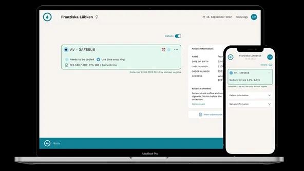 A laptop and smartphone displaying Tracie software, ensuring synchronized digital tracking of patient samples for improved accuracy and security.