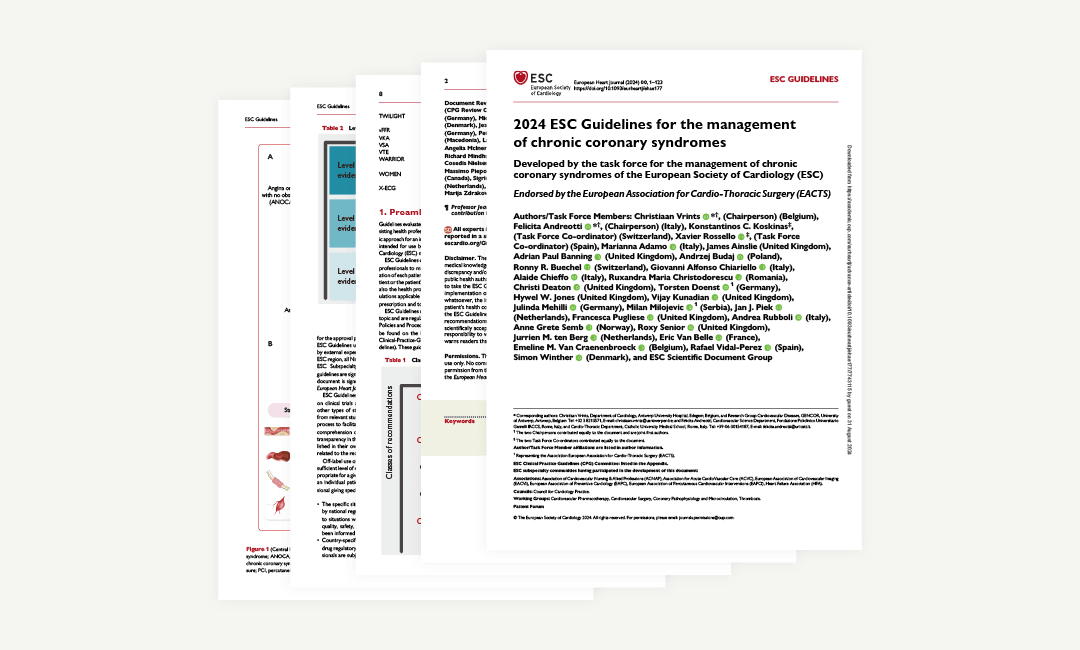 A fanned-out stack of medical documents titled 2024 ESC Guidelines for the management of chronic coronary syndromes.