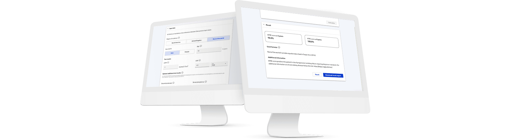 Two computer screens showing a user interface for calculating and displaying kidney failure risk scores.