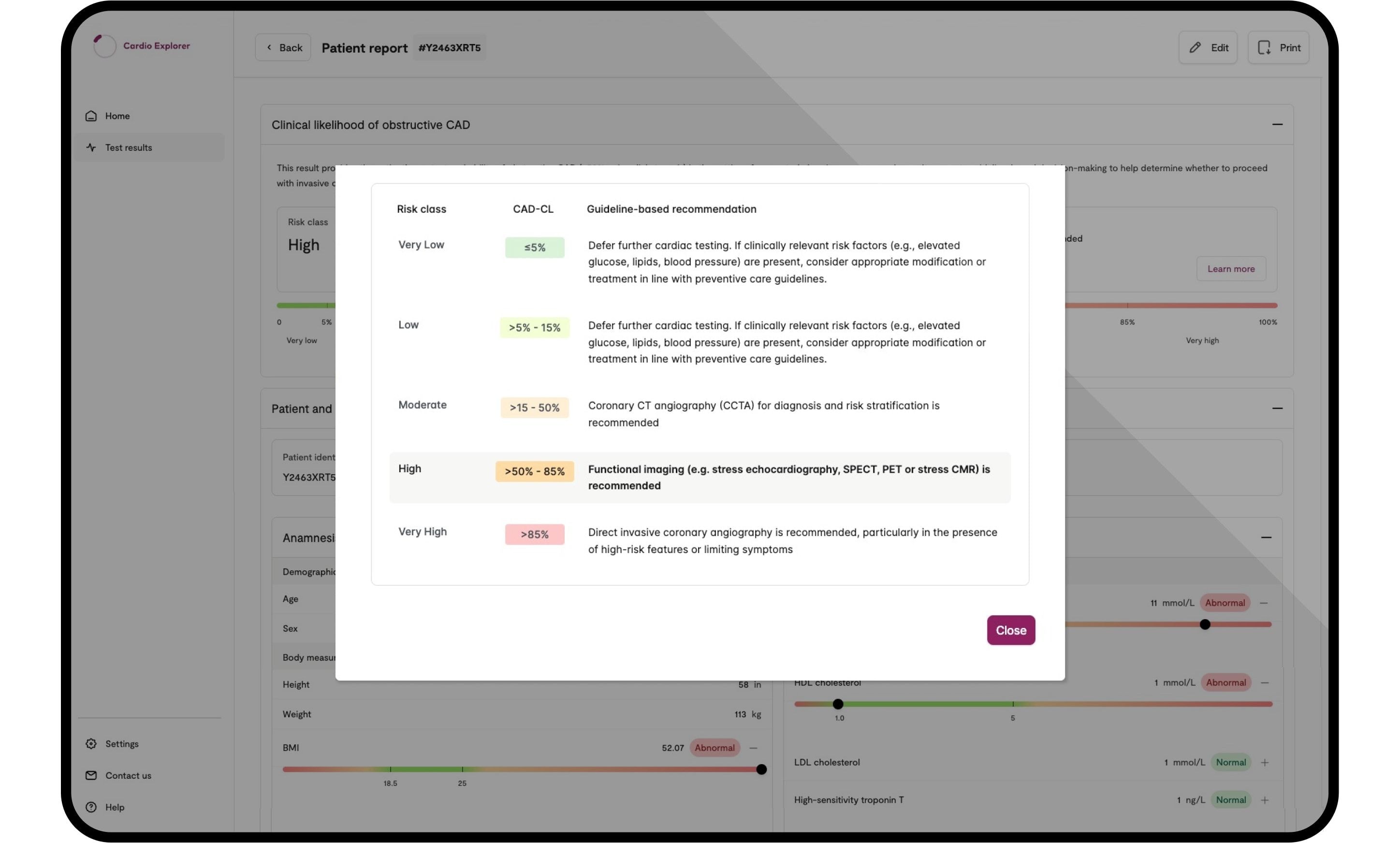 Digital medical report showing CAD risk recommendations with a colorful E-A-M circular icon overlay.