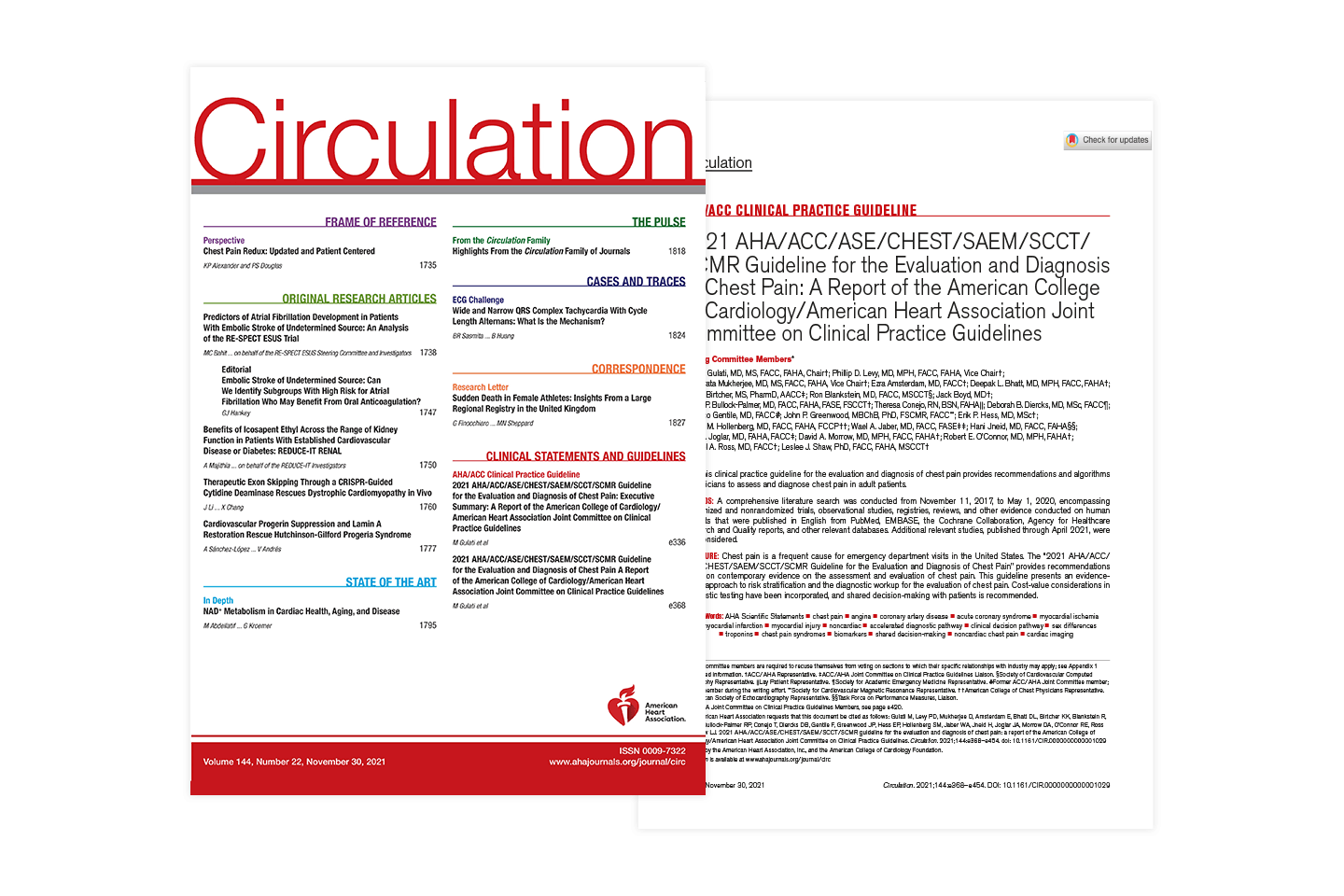 Copertina e pagina dei contenuti della rivista Circulation che riporta le linee guida per la pratica clinica sul dolore toracico AHA/ACC 2021, mettendo in evidenza la valutazione e la diagnosi del dolore toracico con raccomandazioni dettagliate.