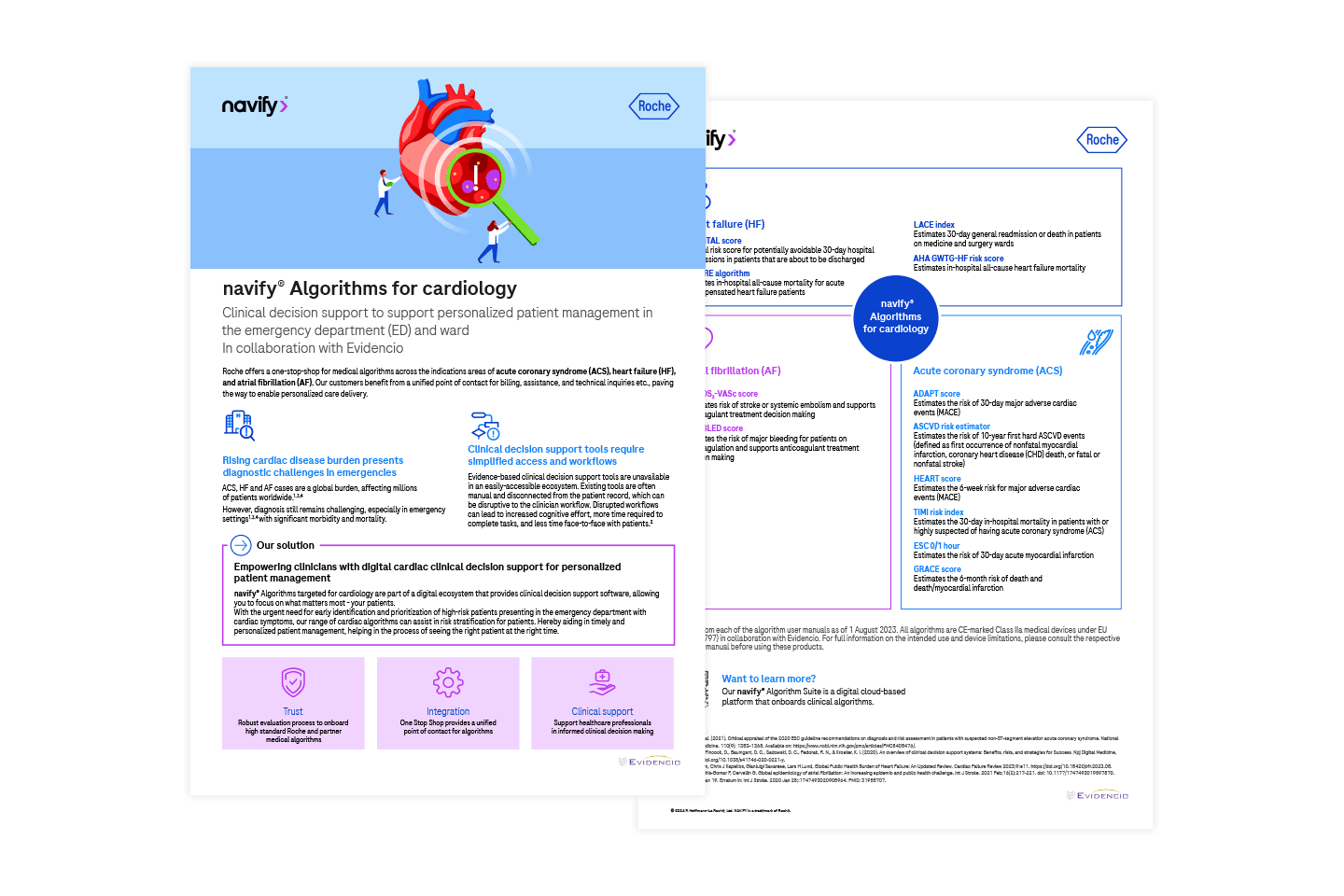 Due pagine che presentano gli algoritmi navify® per la cardiologia e mostrano il supporto alle decisioni cliniche per la gestione personalizzata dei pazienti in Pronto Soccorso e nei reparti d'urgenza.