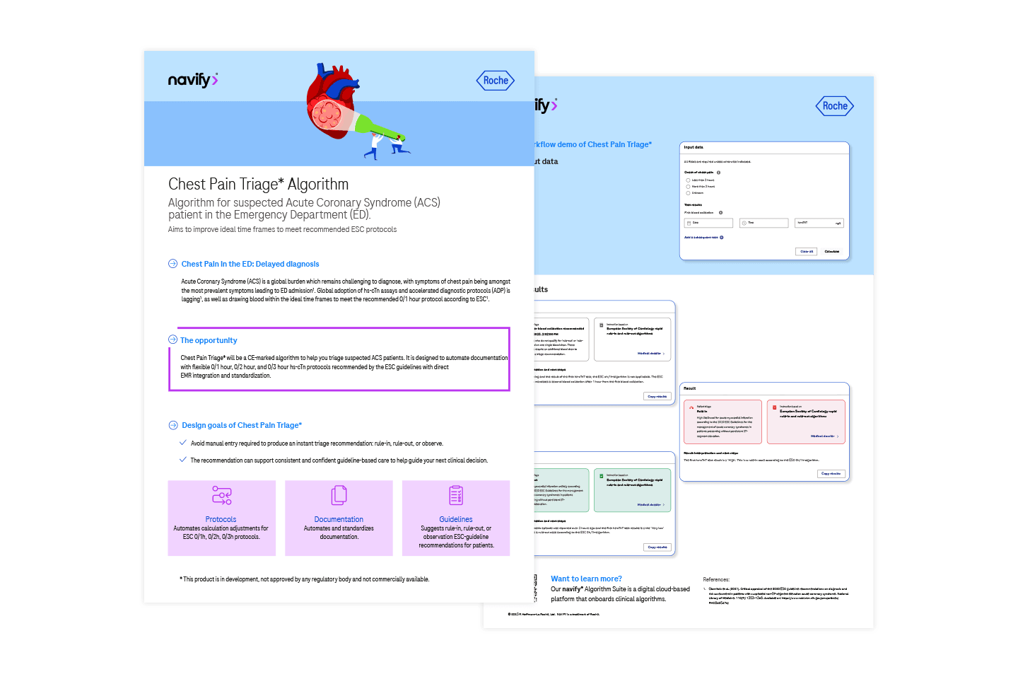 Immagine di una scheda informativa: due pagine che mostrano il Chest Pain Triage Algorithm progettato per pazienti con sospetta sindrome coronarica acuta (SCA) nei reparti d'urgenza.