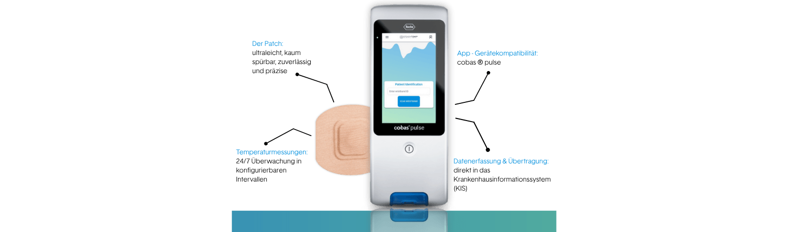 The cobas® pulse device with SteadyTemp App on screen and smart thermometer.