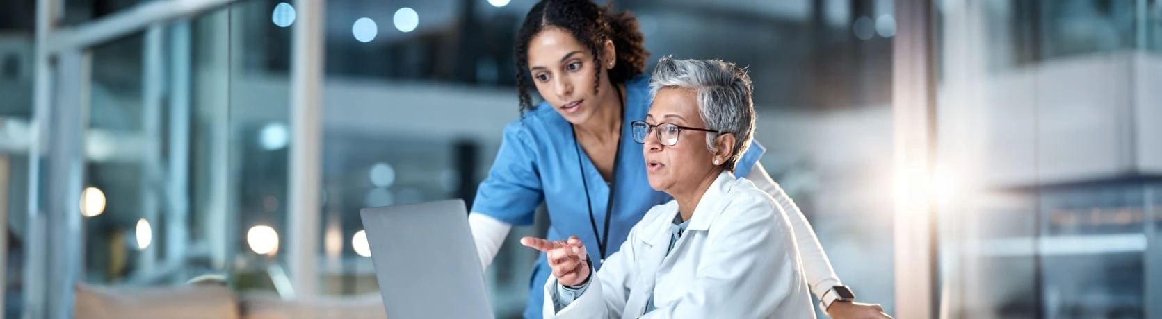 Two healthcare professionals working by a laptop.
