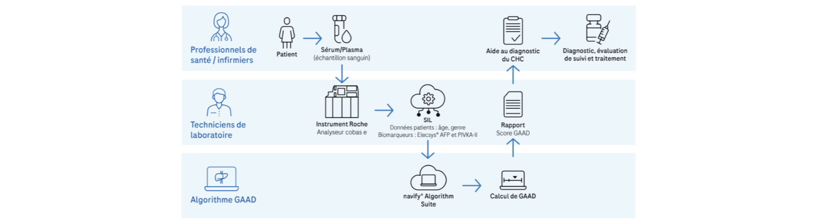 Organigramme illustrant l’intégration via navify Algorithm Hub, connectant les patients, les professionnels de santé et les systèmes de laboratoire.