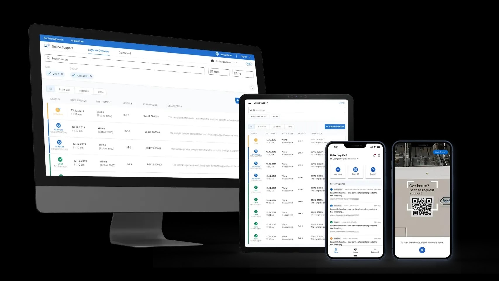 A desktop monitor, tablet and two smartphones displaying different views of an online support system.