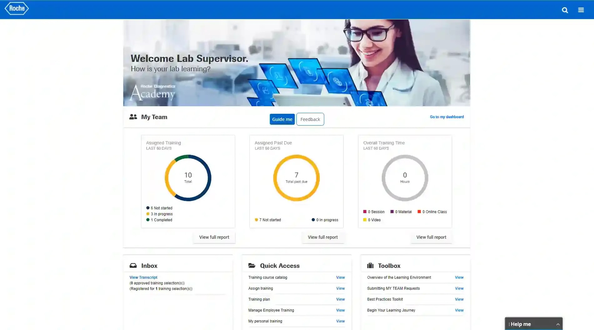 A screenshot of the Roche Diagnostics Academy dashboard for a lab supervisor, showing training progress charts, assigned tasks, quick access shortcuts and a banner image of a smiling lab professional using a tablet with floating icons.