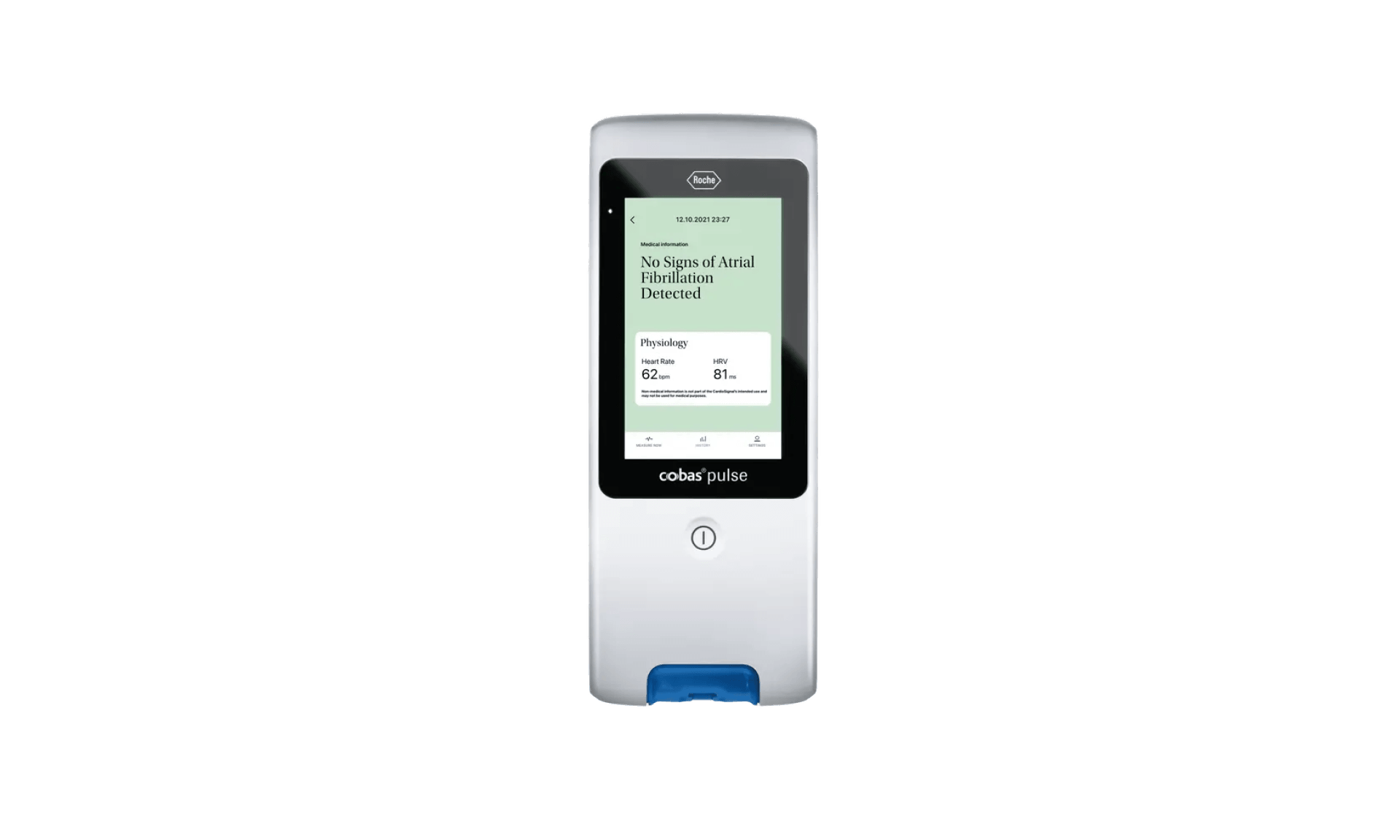 A close-up of a cobas® pulse device screen showing a result indicating no signs of atrial fibrillation, displaying heart rate and HRV values.