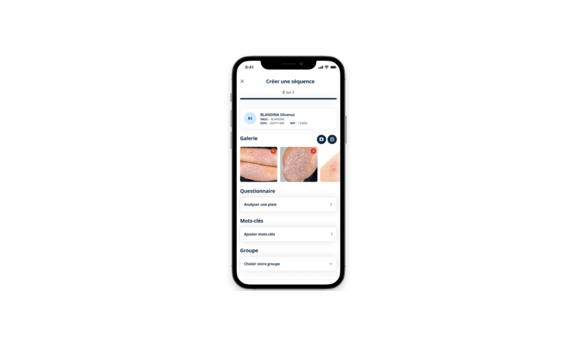 Mobile app screen titled 'Créer une séquence' (Create a sequence) with patient name and wound gallery images.