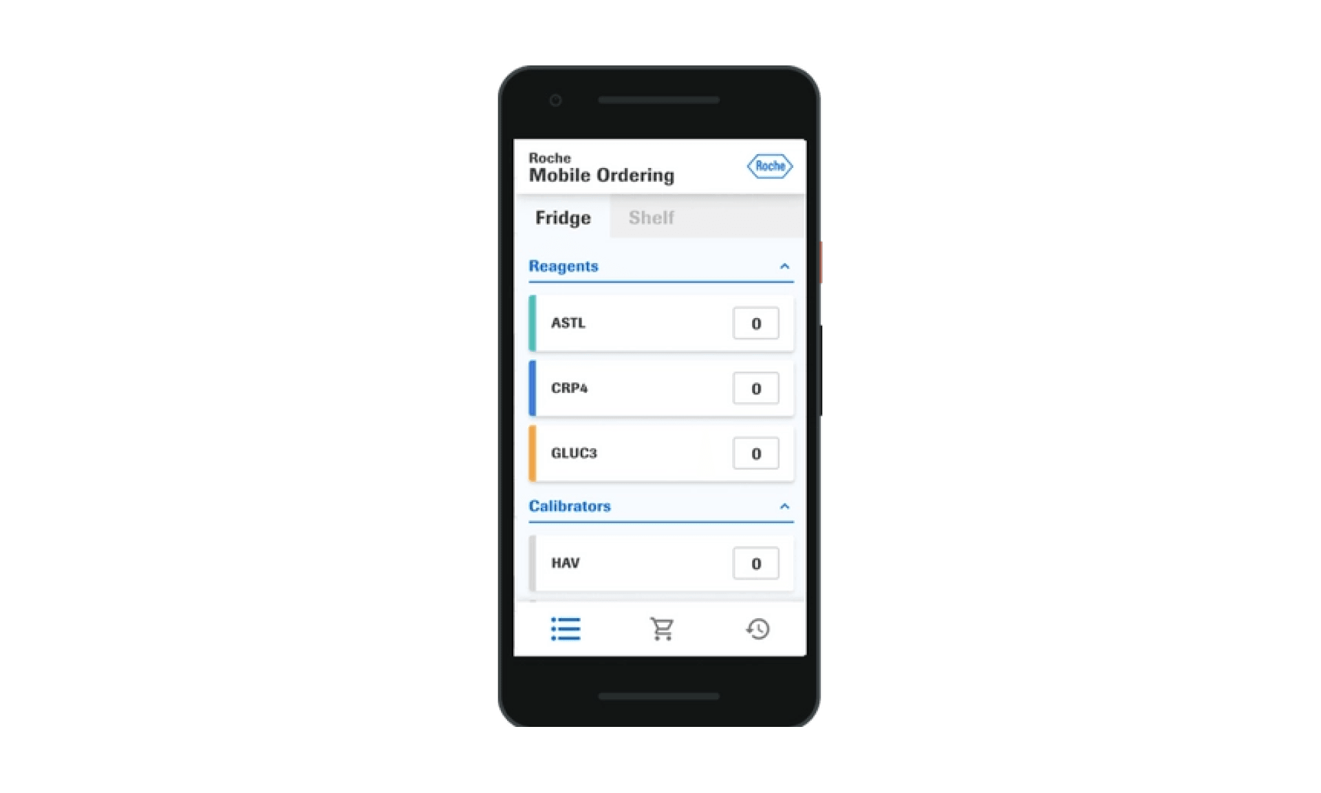Mobile phone screen displaying Roche Mobile Ordering features: Reagents