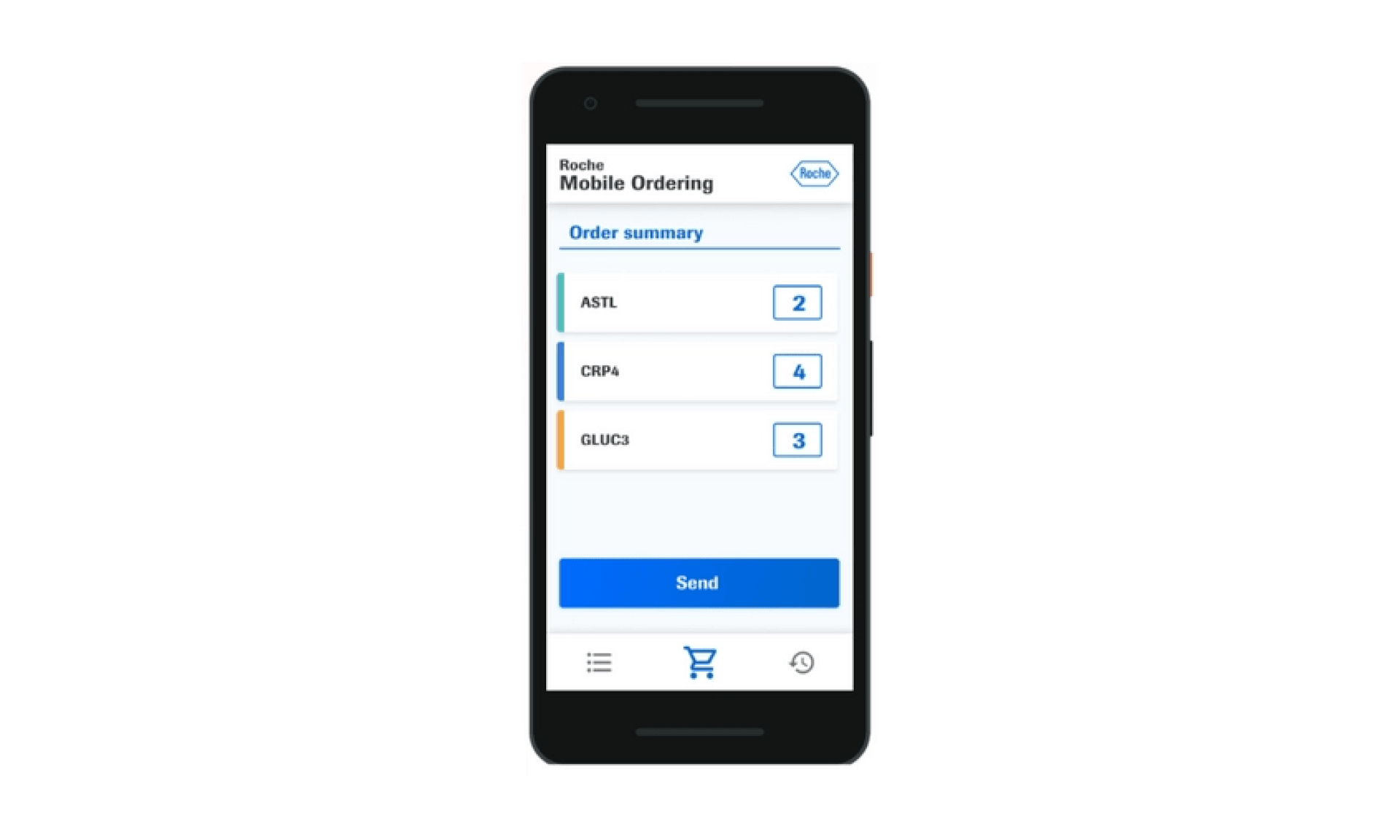 Mobile phone screen displaying Roche Mobile Ordering features: Order summary