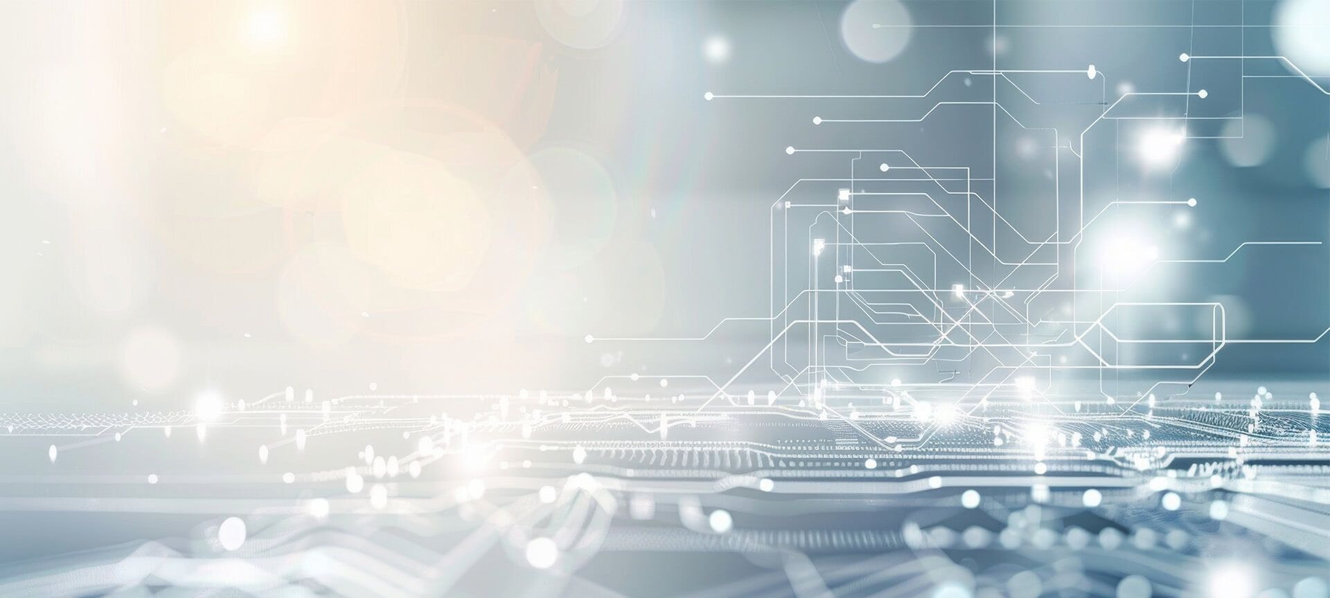 Rappresentazione futuristica di una rete digitale con luci bianche e blu brillanti, che rappresentano il flusso di dati e la connettività in un ambiente high-tech.