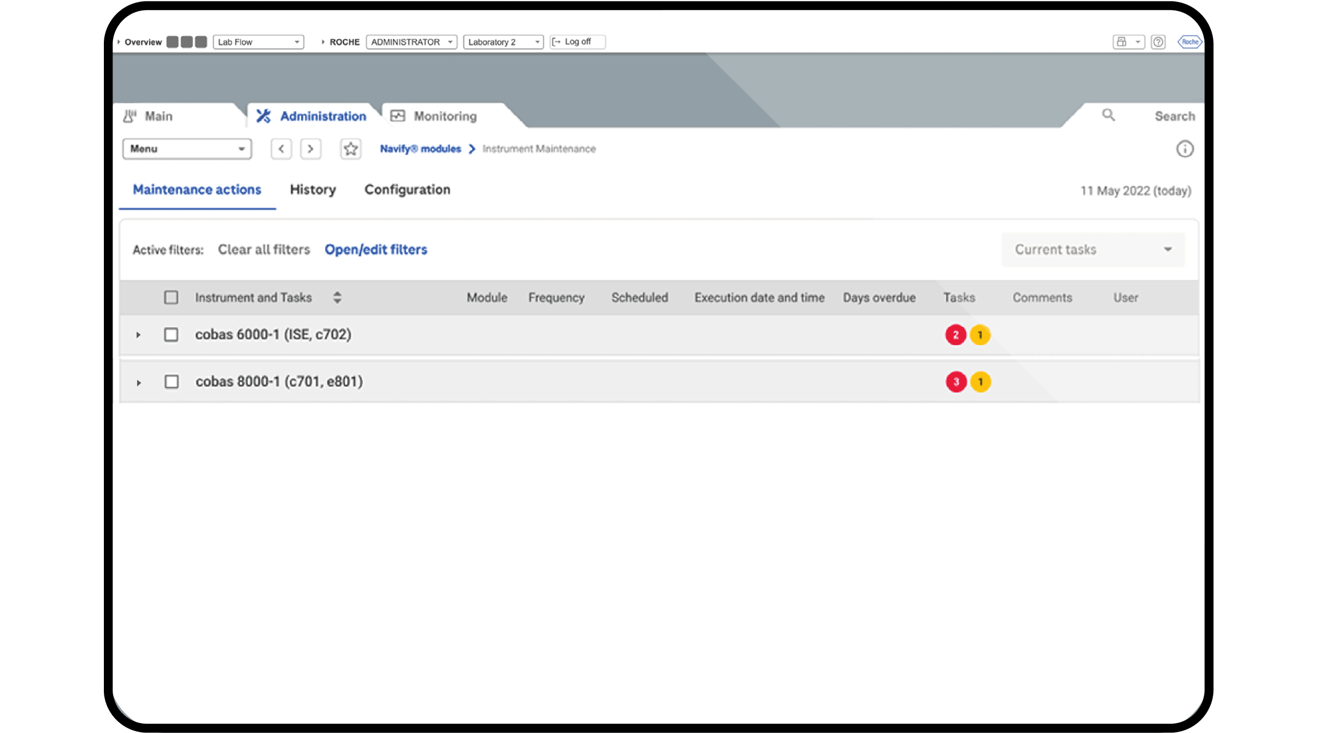 A dashboard displaying scheduled instrument maintenance tasks with statuses, frequencies, and execution details.