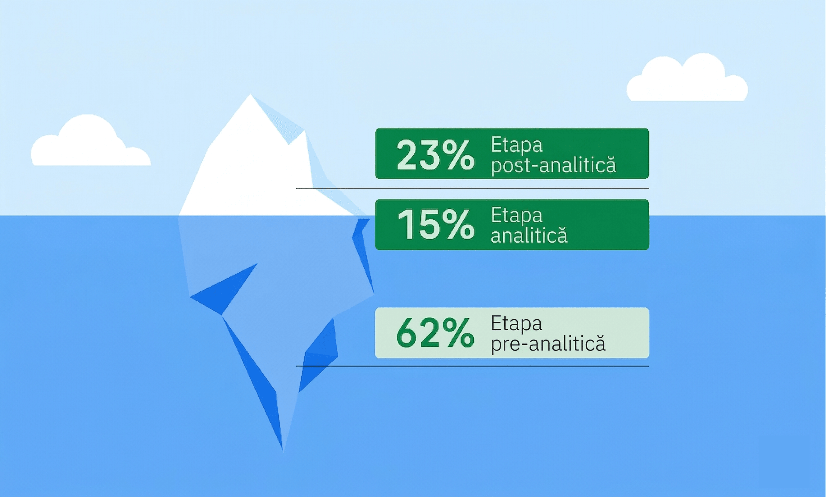Ilustrarea unui iceberg care prezintă 62% erori în stadiul pre-analitic, 15% în stadiul analitic și 23% în stadiul post-analitic, evidențiind distribuția erorilor cheie în procesele de laborator.