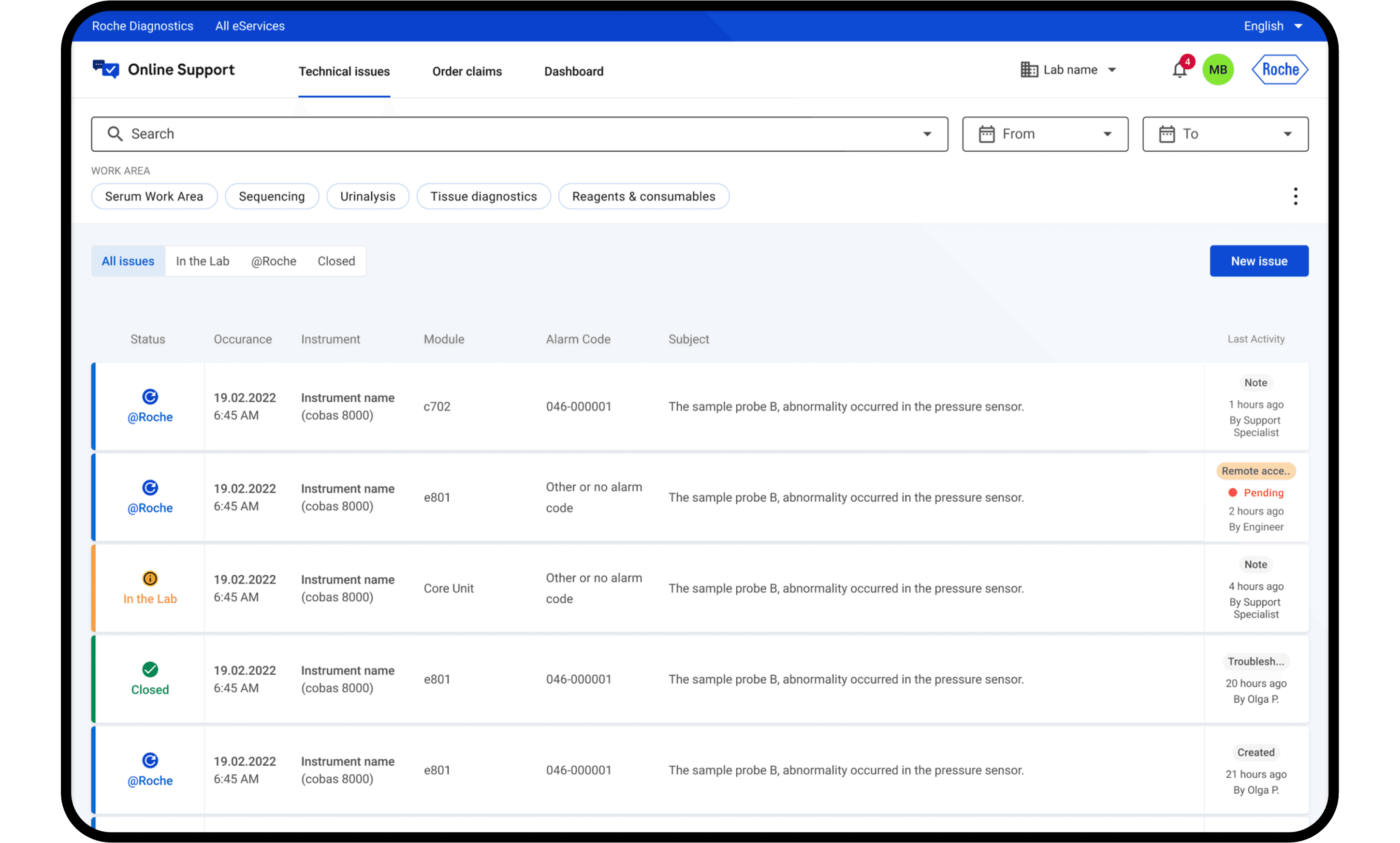 Screenshot of an online support dashboard listing technical issues for laboratory instruments.
