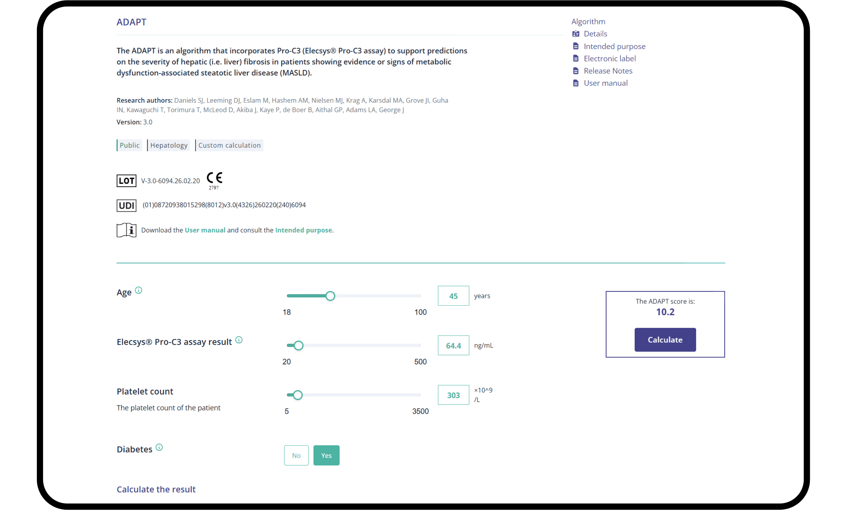 A screenshot of the ADAPT algorithm calculator displaying patient data inputs and a calculated ADAPT score of 10.2