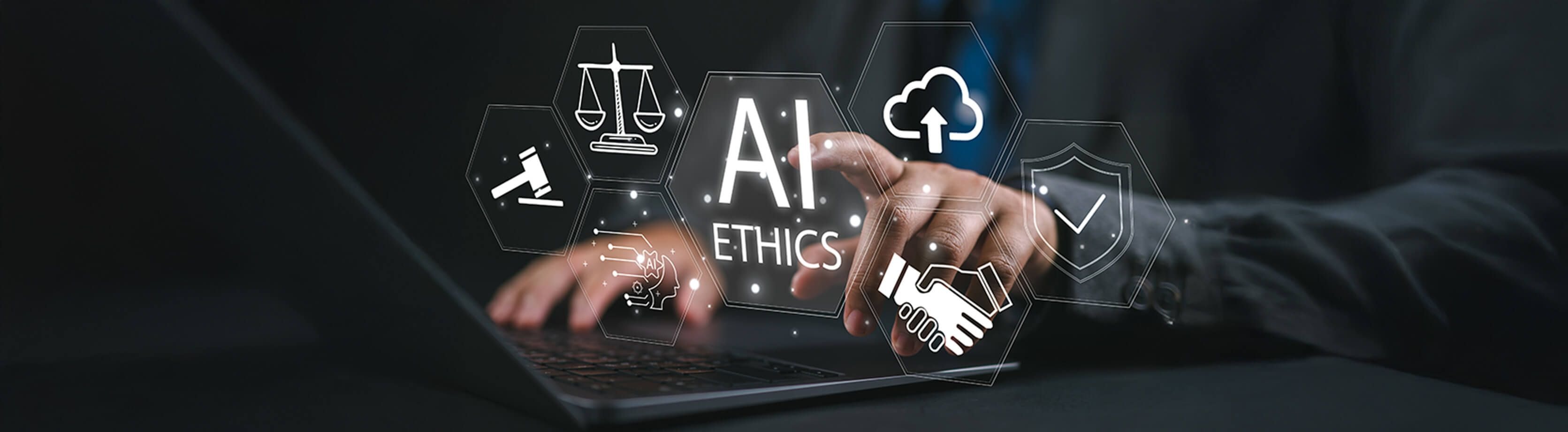 Una persona che digita su un laptop con simboli legati all’etica dell’IA digitale e con grafica sovrapposta, che rappresentano l’uso etico dei dati dell’IA e la trasparenza.