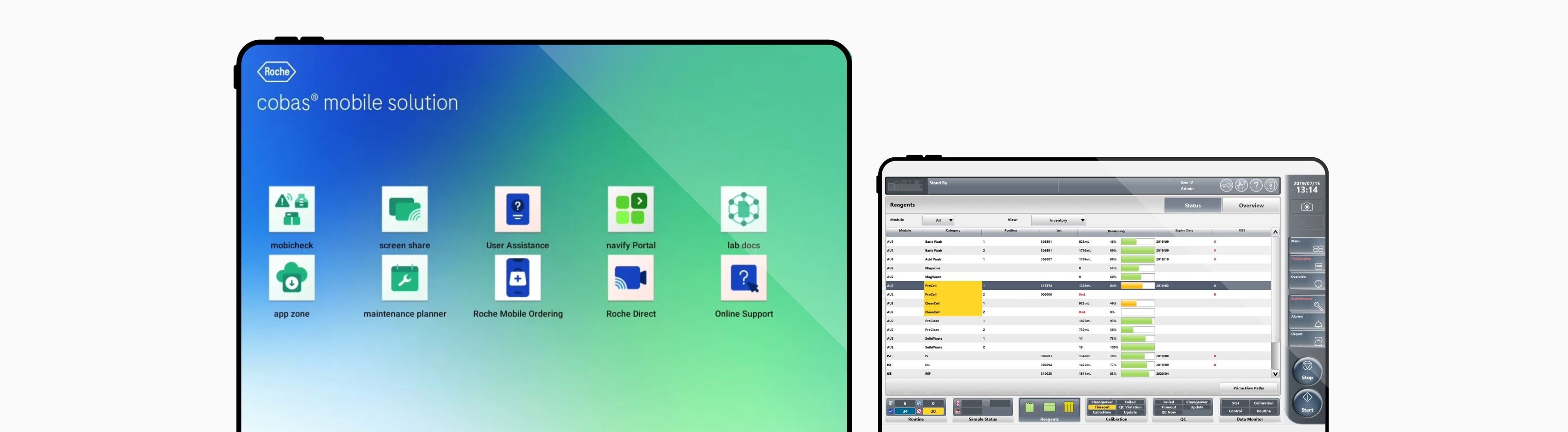 The cobas® mobile solution homepage interface with icons for various laboratory management tools and a side-by-side comparison with a lab inventory overview.
