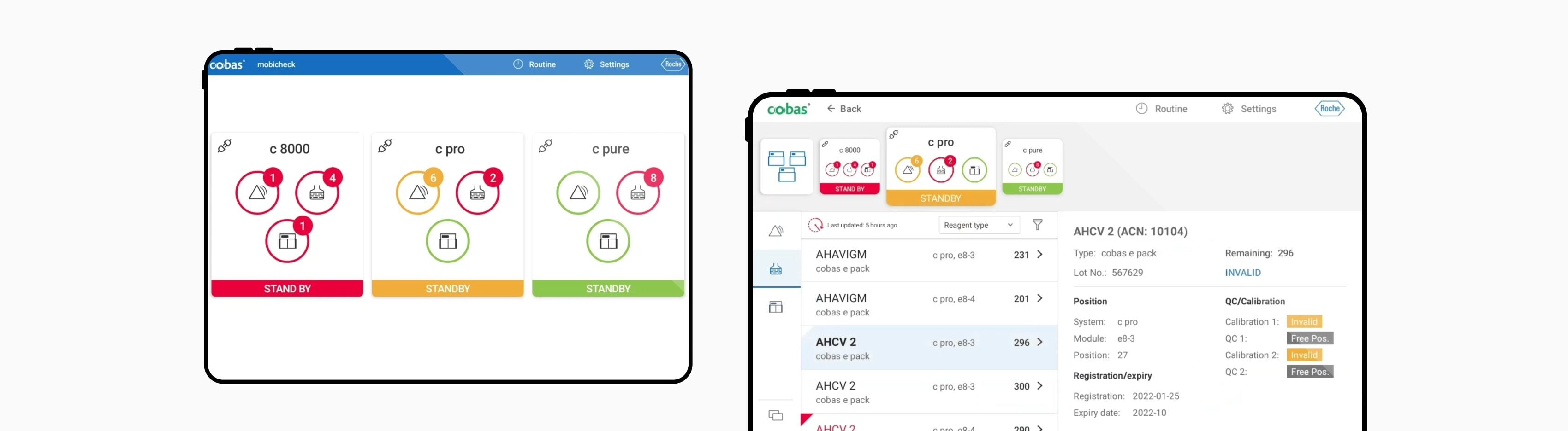 creenshots of the cobas mobile solution interface, showing equipment monitoring and reagent management features on a digital display.