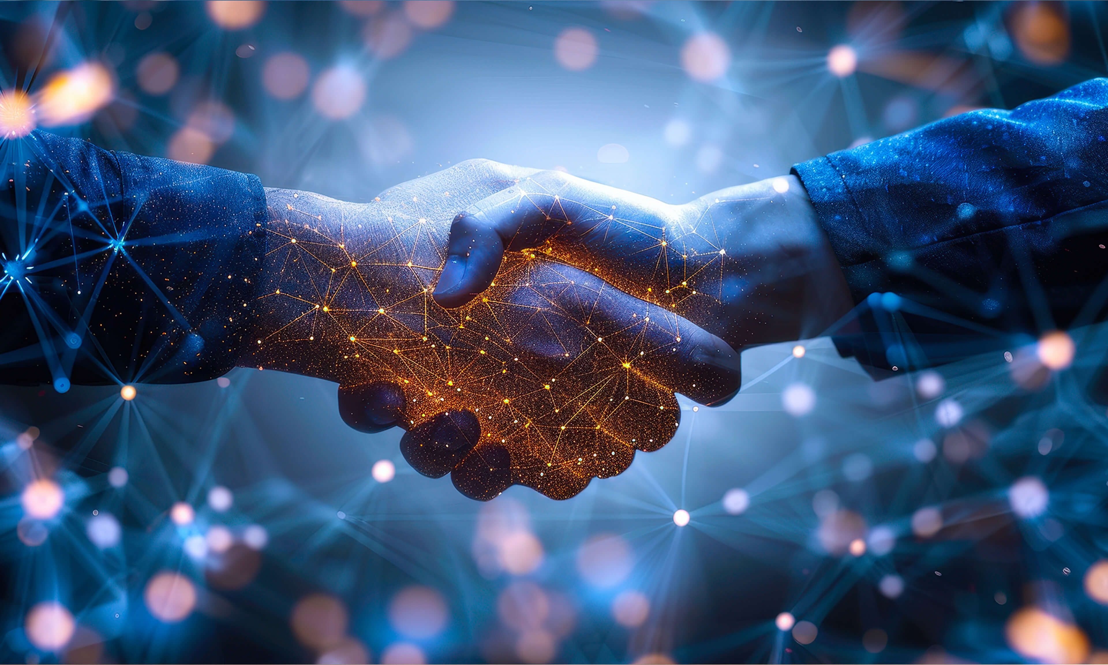 A glowing handshake symbolizing collaboration and trust in a digital, interconnected network with illuminated nodes and lines.
