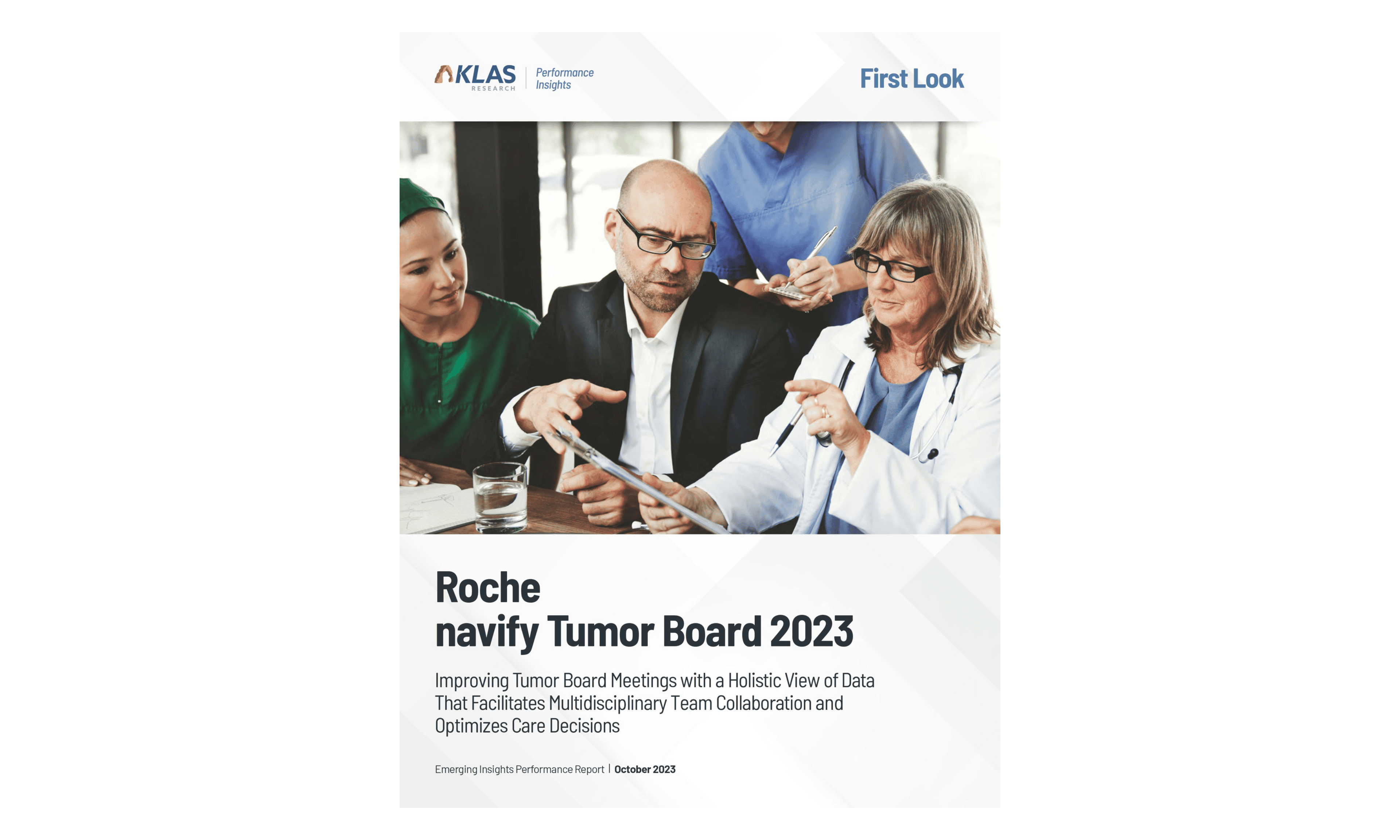 Titelseite des „Emerging Insights Performance Report“, KLAS Research. navify Tumor Board 2023: Verbesserung von Tumorboard-Sitzungen durch eine ganzheitliche Sicht auf die Daten, die die Zusammenarbeit multidisziplinärer Teams erleichtert und Behandlungsentscheidungen optimiert.