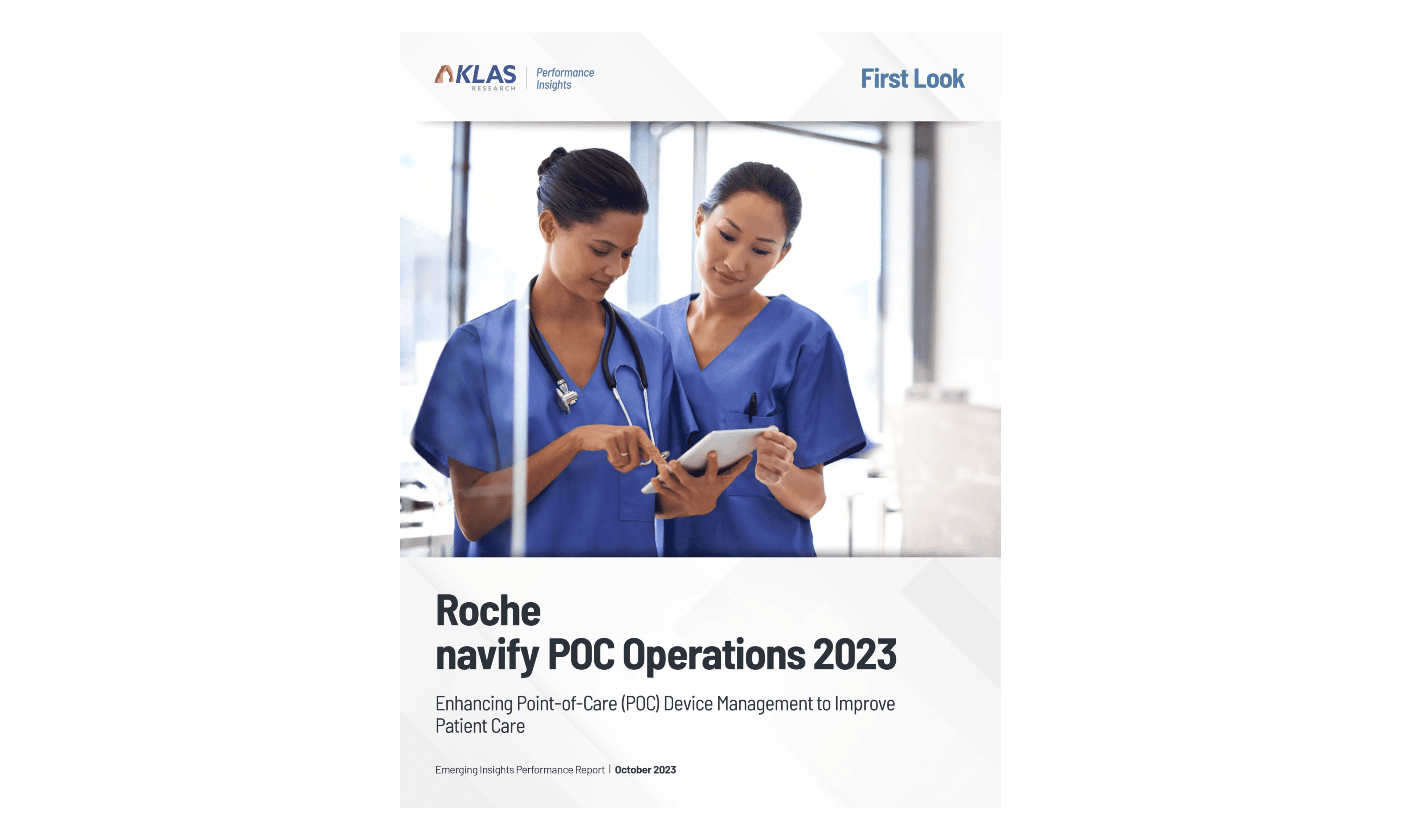 Couverture du Rapport de rendement sur les perspectives émergentes. KLAS Research. navify POC Operations 2023 : optimiser la gestion des dispositifs au point de soins (POC) pour améliorer les soins aux patients.