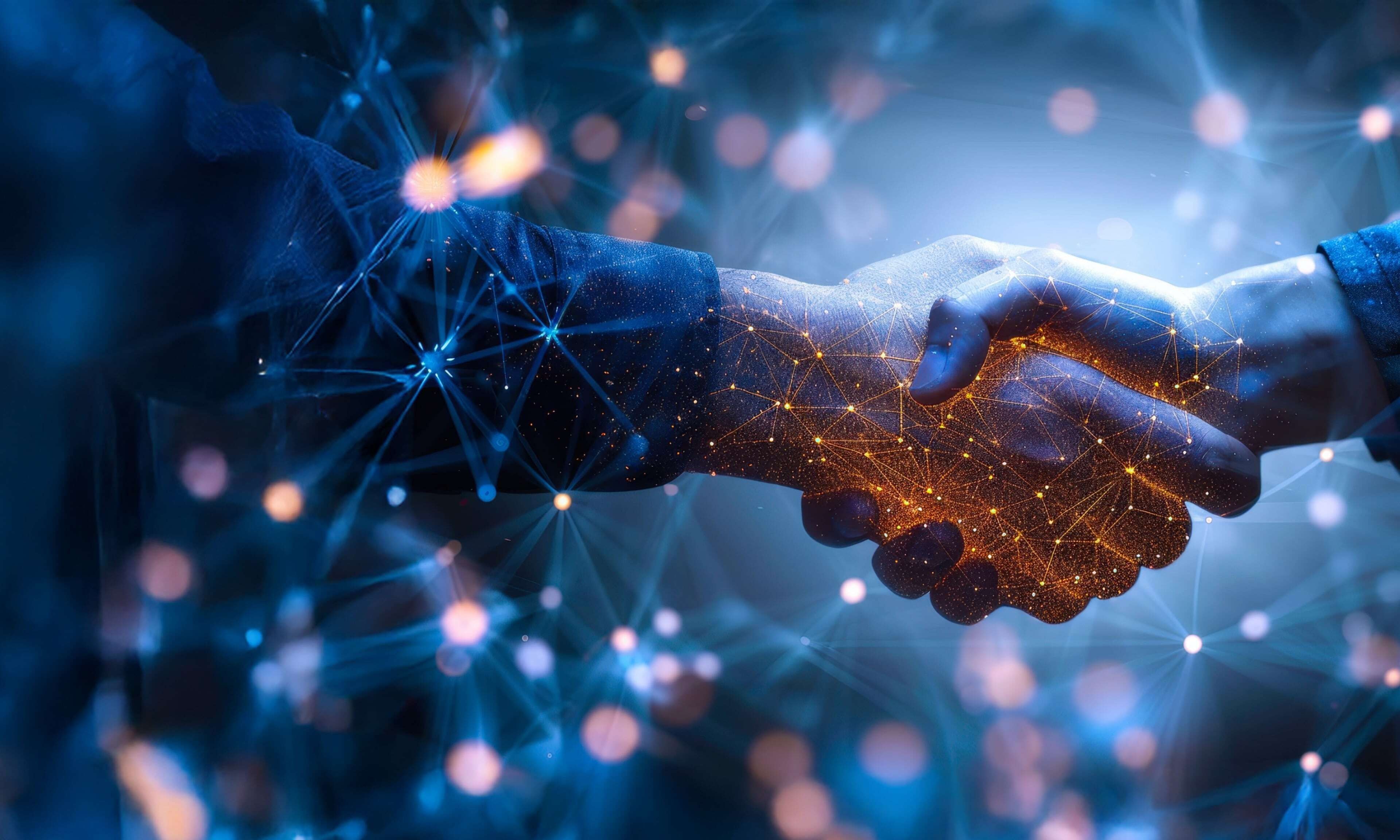 Una stretta di mano luminosa che simboleggia la collaborazione e la fiducia in una rete digitale interconnessa con nodi e linee illuminati.