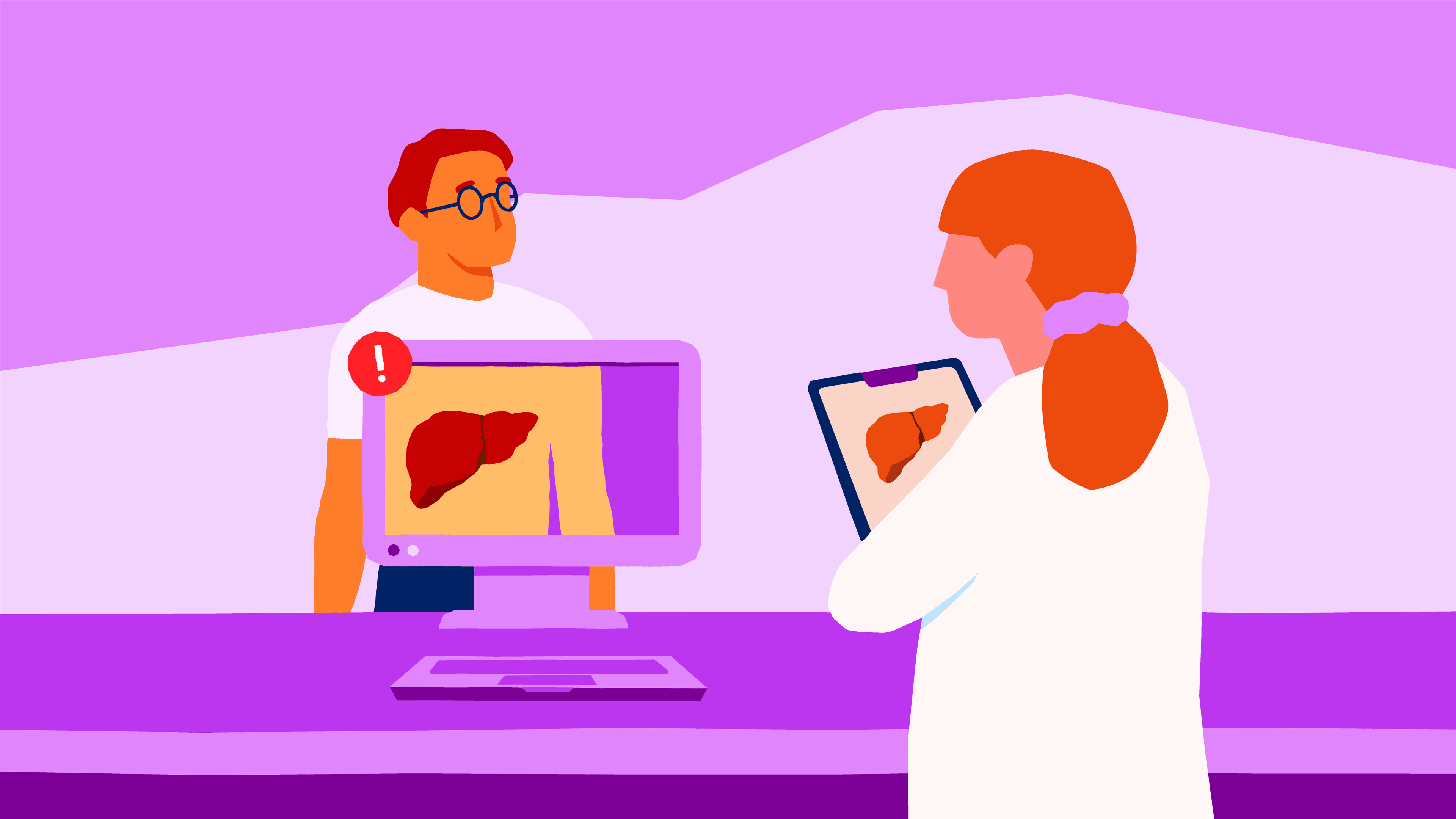 female doctor in a white coat looking at a liver scan on a computer monitor and a clipboard while discussing it with a male patient sitting across from her