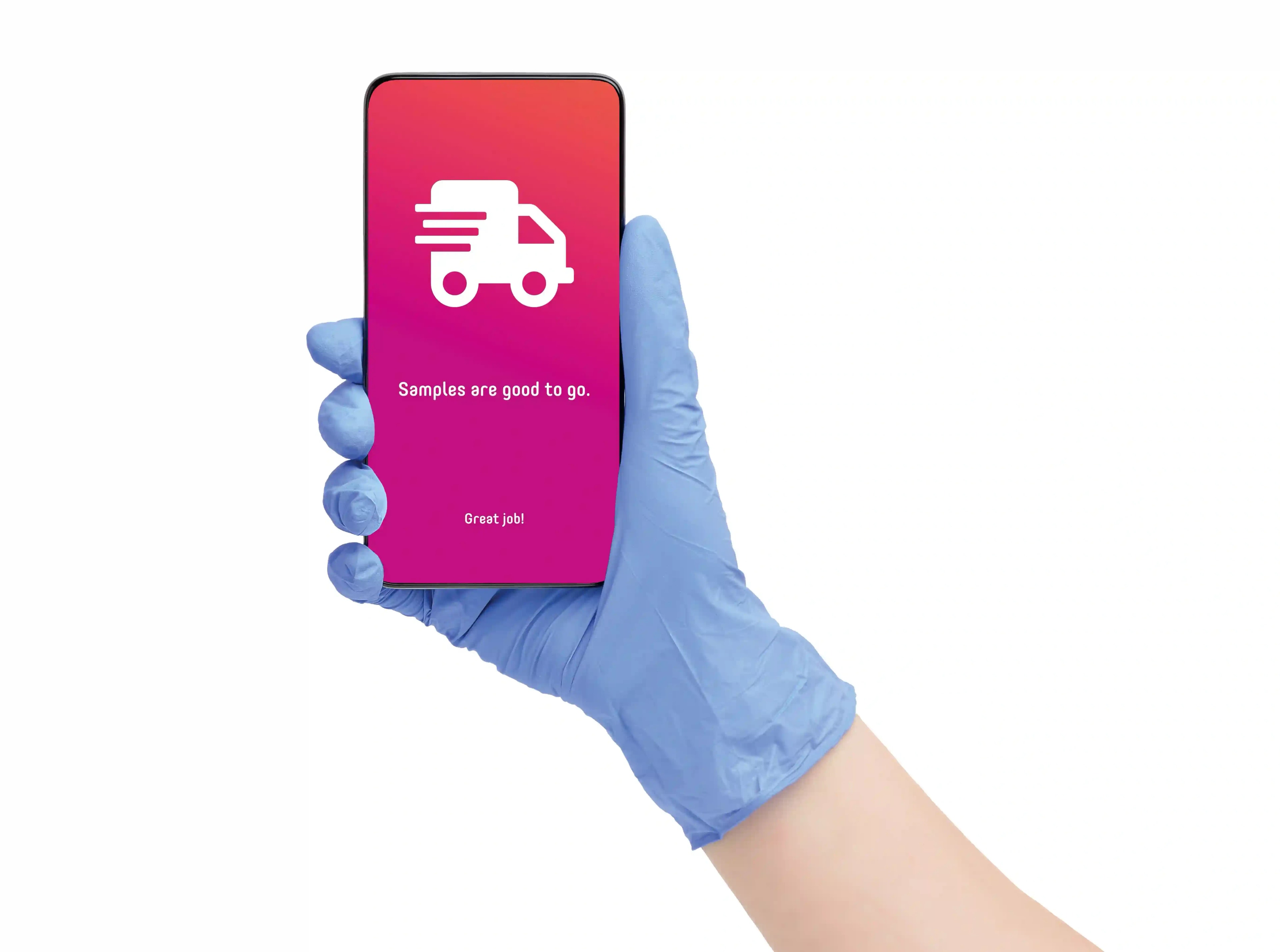 A gloved hand holds a smartphone displaying a confirmation message that samples are ready for transport, ensuring seamless tracking in the pre-analytical phase.