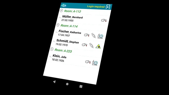 Mobile interface of the GlucoTab® system showing a patient list with room numbers, supporting nurses and physicians in insulin therapy management.