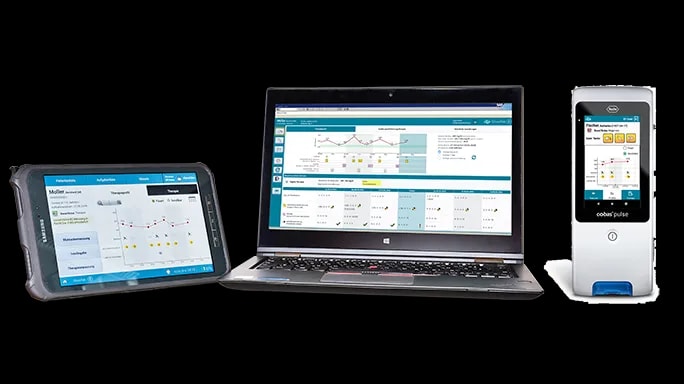 A laptop, tablet, and cobas® pulse device displaying the GlucoTab® system, supporting physicians and nurses in hospital blood glucose management.