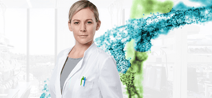 A female physician/diagnostician stands in front of a stylized helix, banner image for KAPA HyperPETE Workflow (secondary analysis)